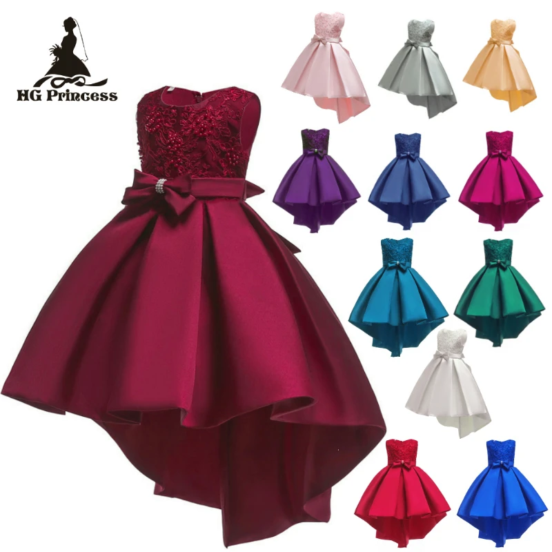 

HG Princess Hot Selling Burgundy Child Princess Dress 2023 New Design Satin Dresses For Girl Party Kids Evening Gowns with Bow