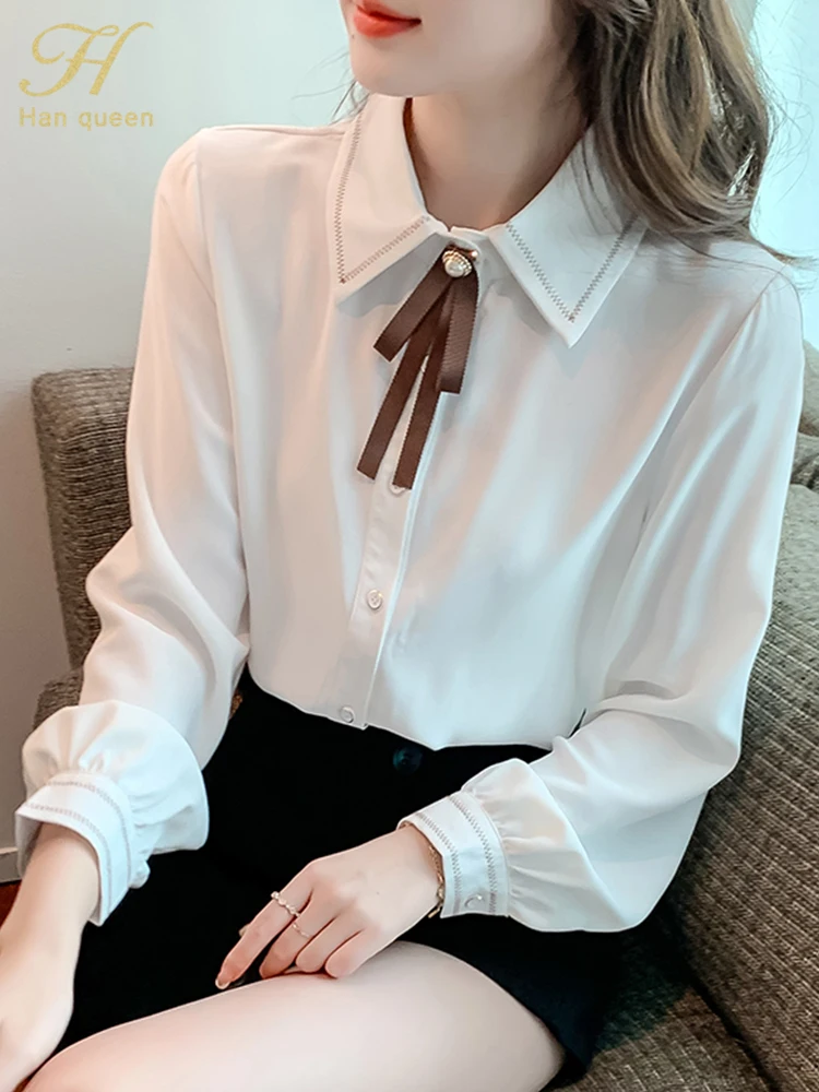 

Женская шифоновая блузка с длинным рукавом и бантом