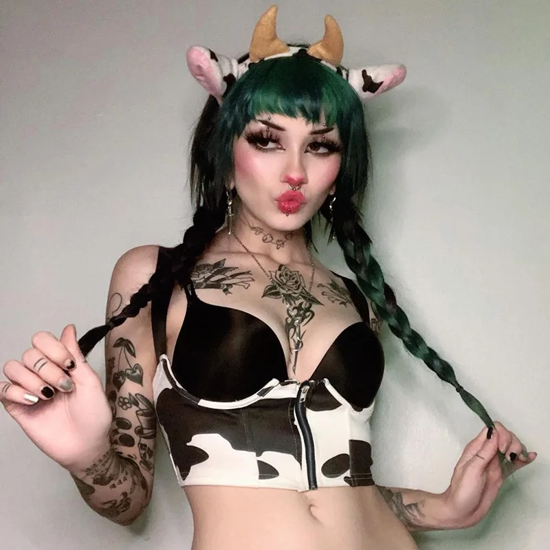 

Уличная Женская одежда, Бюстье на молнии, укороченный топ без рукавов, с V-образным вырезом, на завязках, пуш-ап, корсет на молнии с коровьим п...