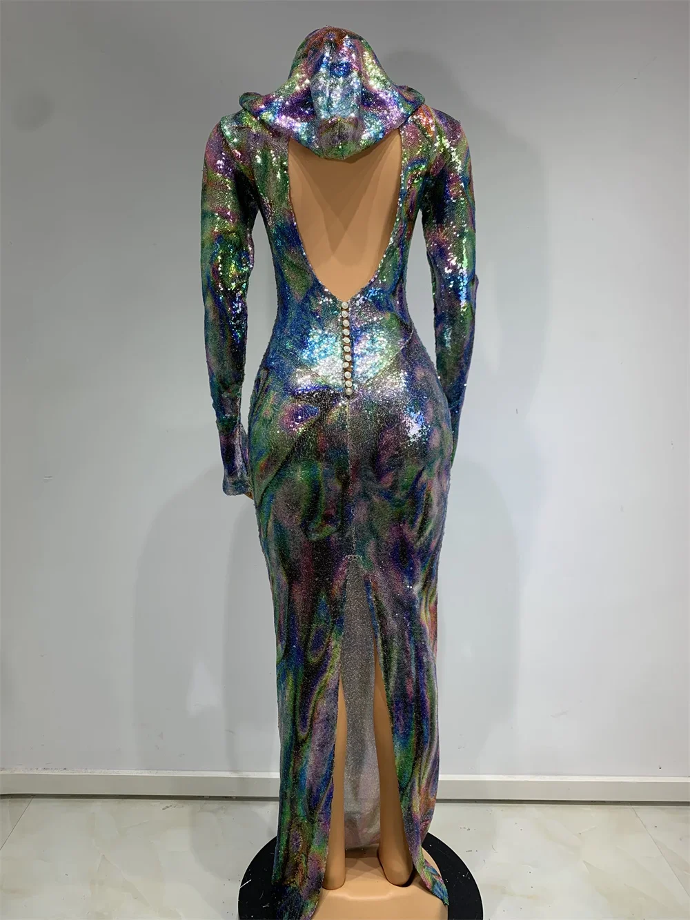 Новейшее платье 2024 женское с капюшоном блестящие блестки красочные длинные