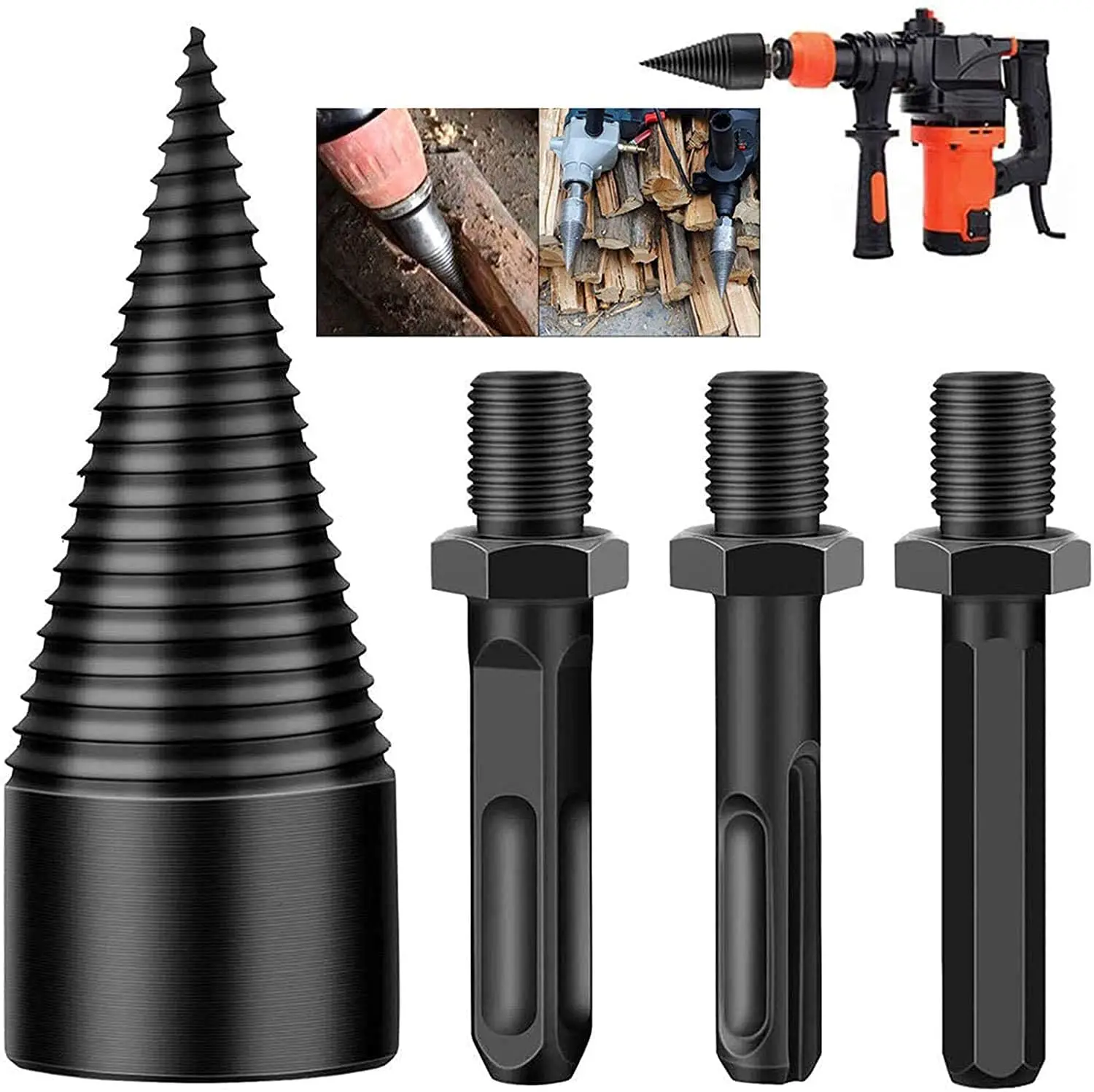 

Firewood Log Splitter, Drill Bit Removable Cones Kindling Wood Splitting logs bits Heavy Duty Electric Drills Screw Cone