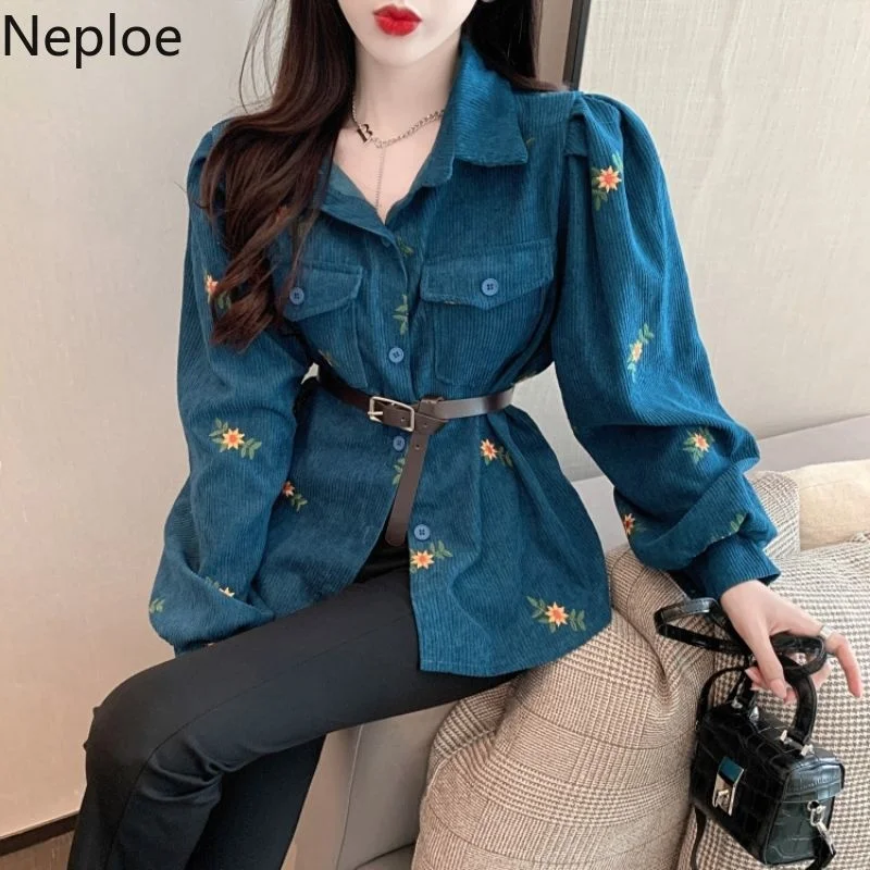 

Vintage Blouses Women Chic Embroidery Floral Sashes Slim Waist Shirts Korean Fashion Casual Temperament Blusas Tops Mujer