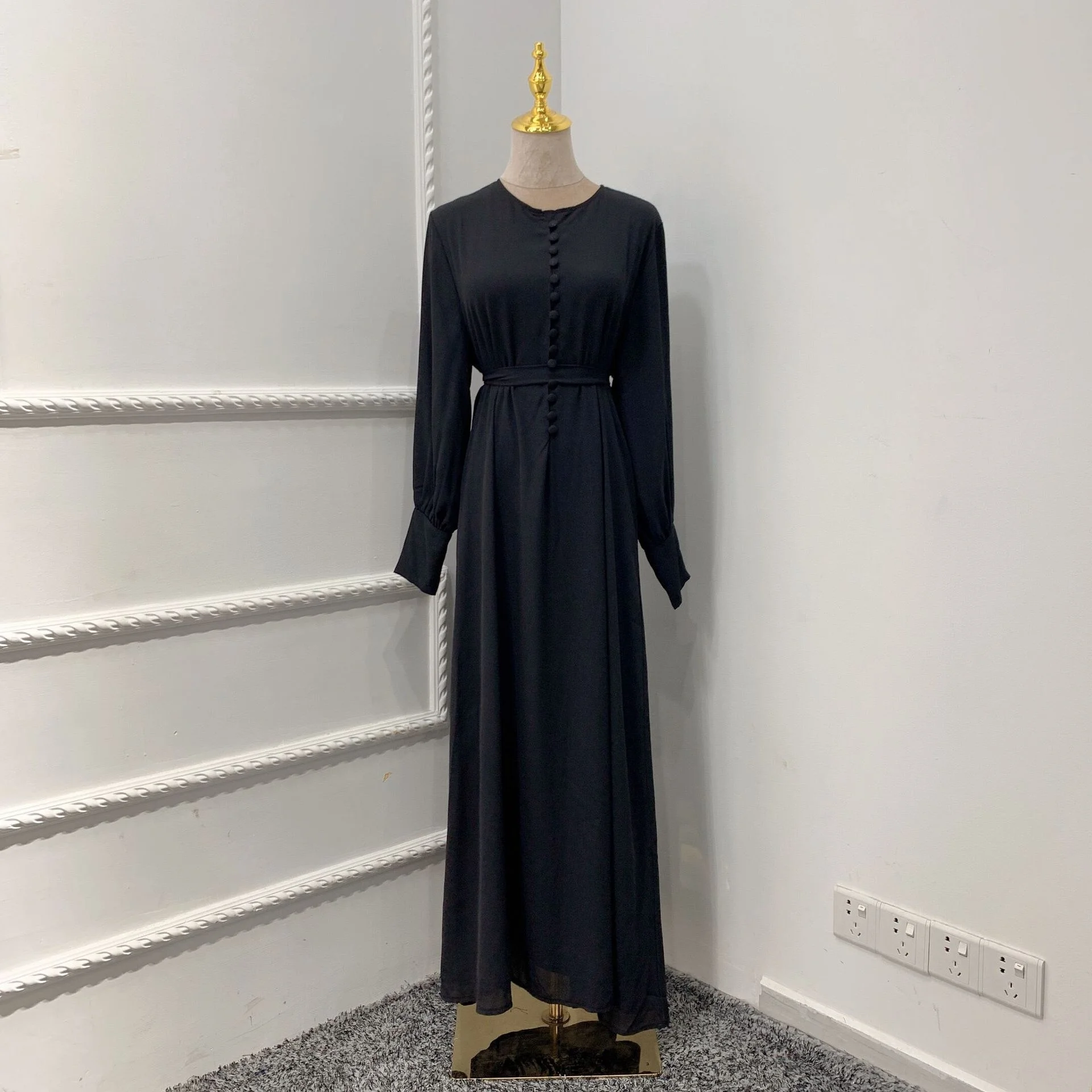 Dubai Turkey Muslim Abaya Long Dresses Balloon Sleeve Pearls Belted Abayas For Women Modest Dress Islamic Clothing Kaftan Robe