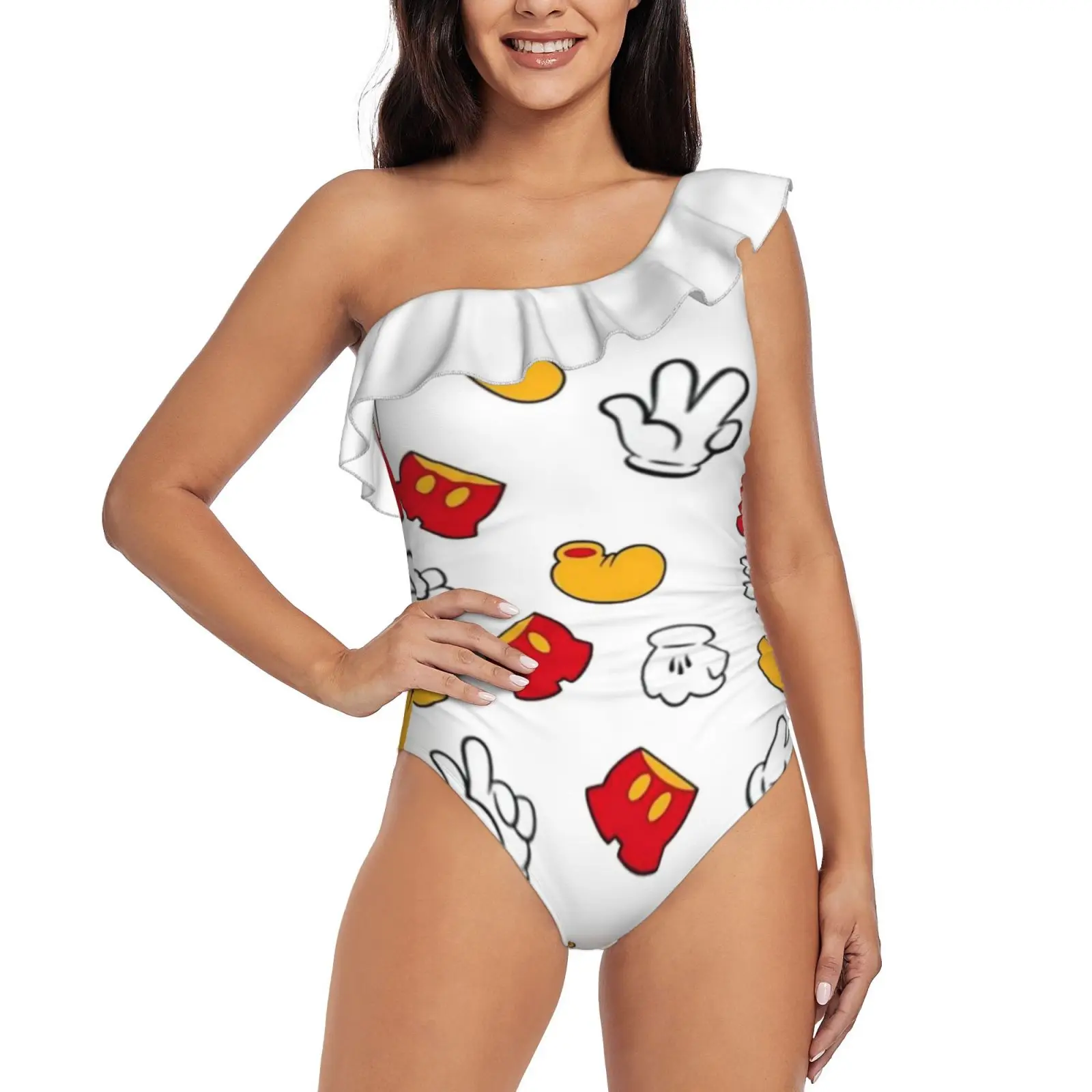 

Перчатки, брюки и туфли, Цельный купальник на одно плечо, купальник с оборками, сексуальный Монокини, новый женский пляжный купальник с Микк...