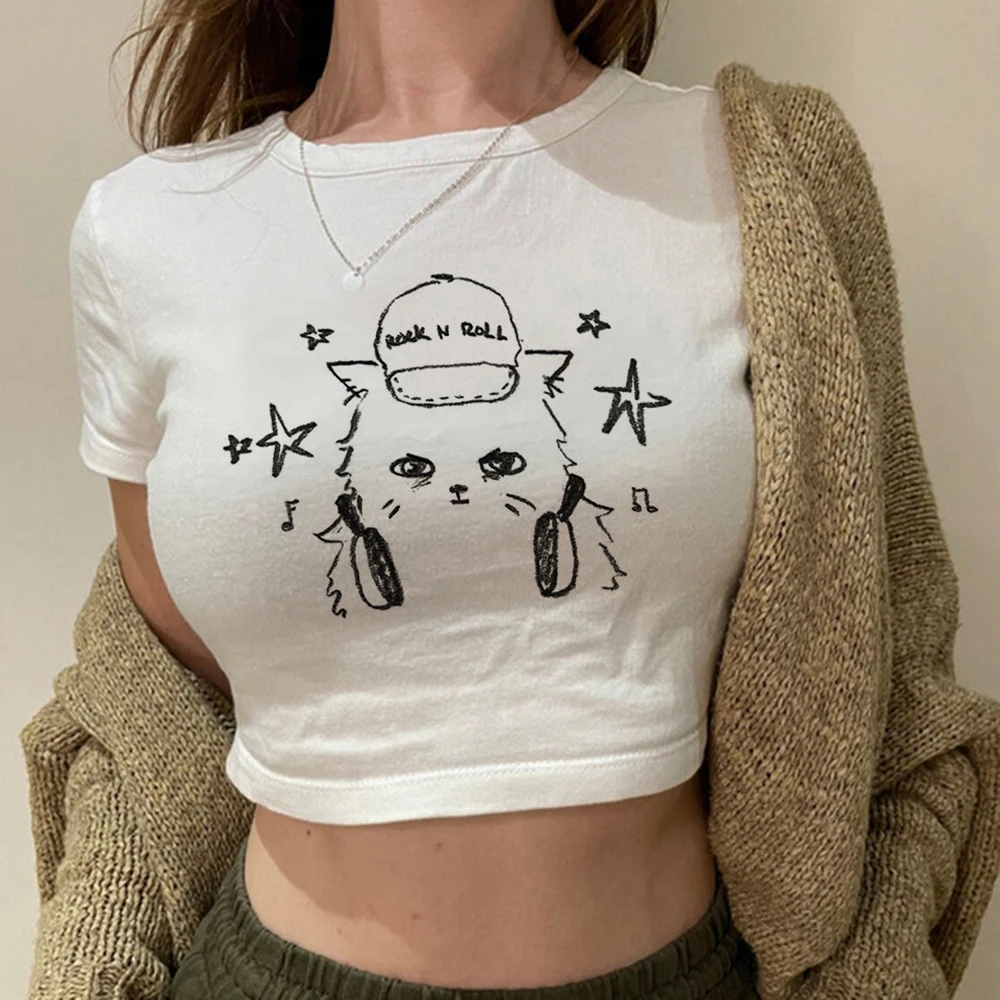 

Aesthetics Retro Fashion Pattern Cute Cat Short Sleeve Clothes Clothing Printing Casual Crop Top T-shirt Women's Summer T-shirt