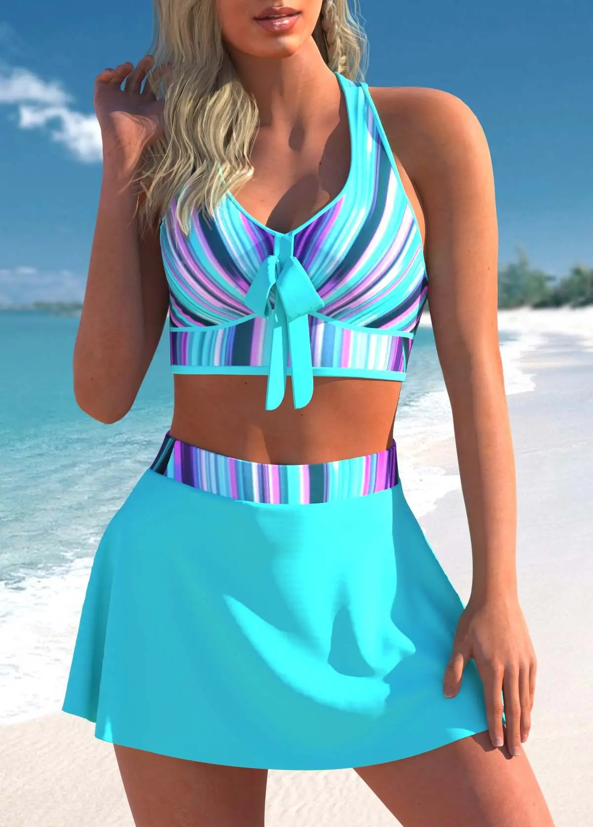 

2022 New Blue Print Skirt Swimsuit Women Bikini Set Summer High Waist Swimwear Cross Bow Sexy Beachwear Two Pieces Bathing Suit