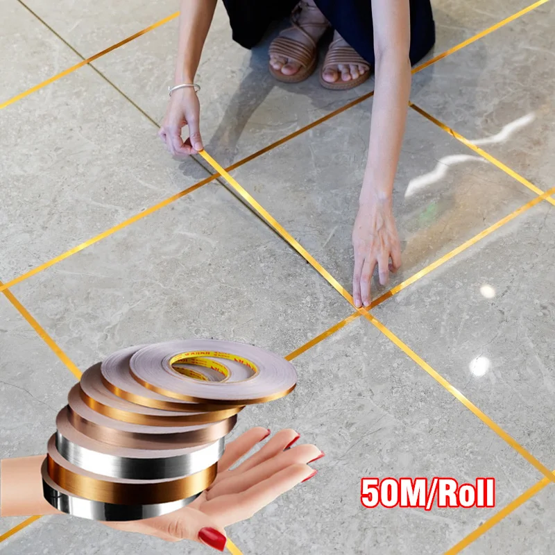 

0.5/1/2*5000cm Silver/Gold Adhesive Floor Tile Strip Seam Sticker Waterproof Wall Sealing Tape Beauty Stitching Copper Foil Tape