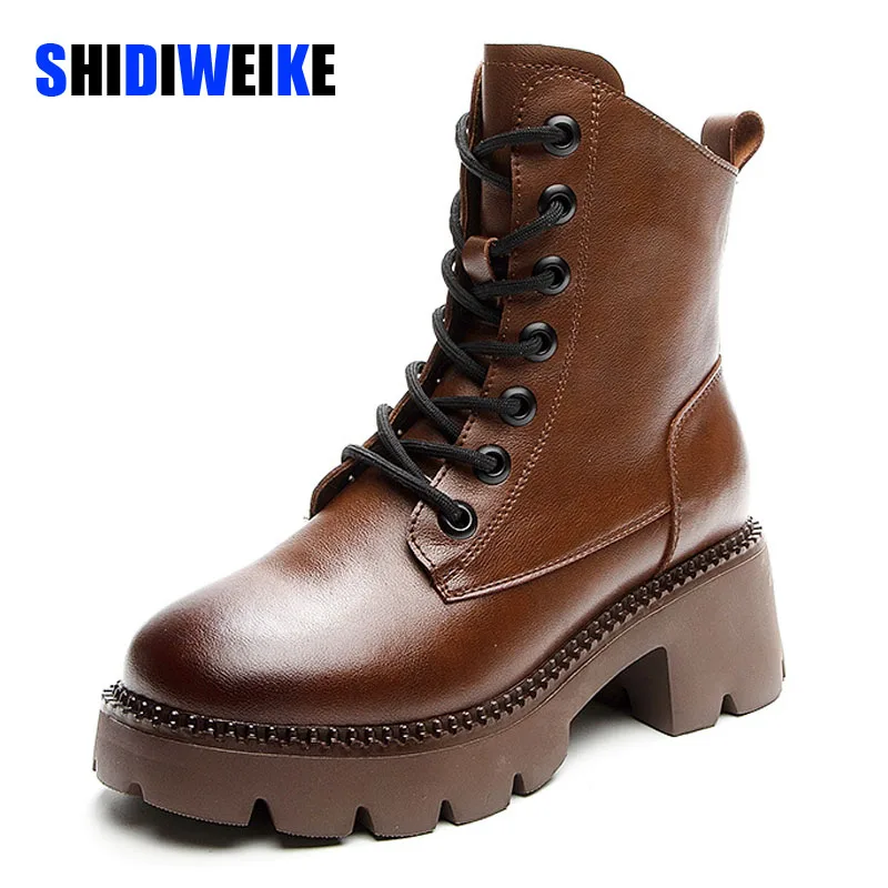 

SDWK/женские ботинки женские ботильоны из натуральной кожи на высоком каблуке с круглым носком зимние женские ботинки на меху на платформе в британском стиле; Большие размеры