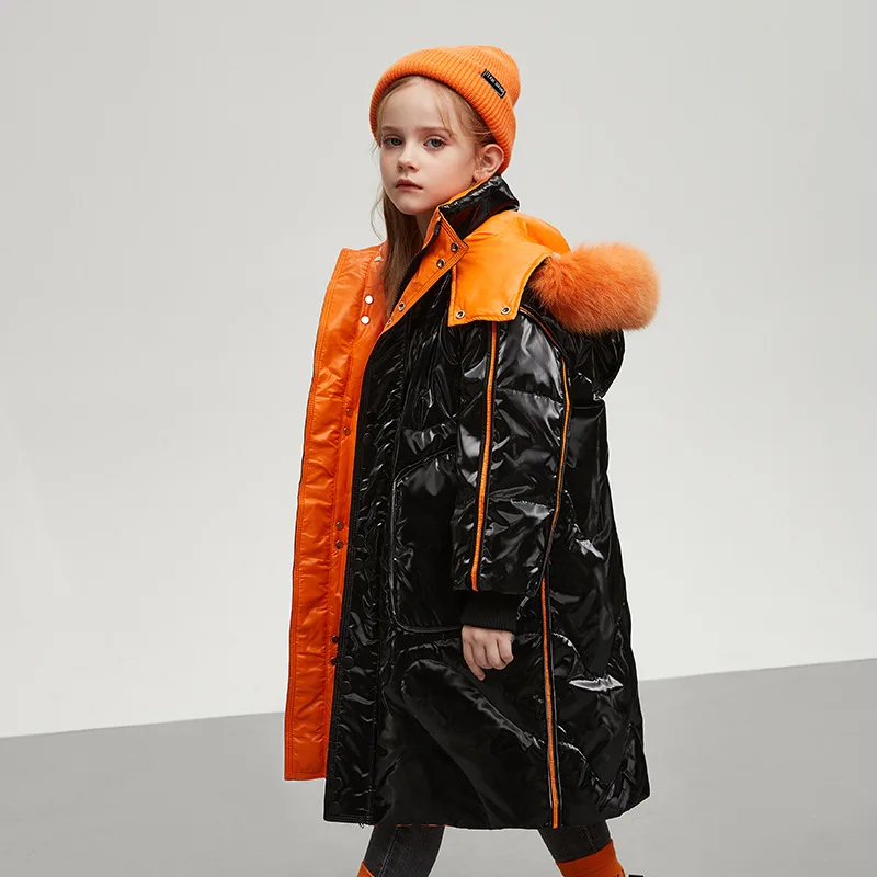 Girls Clothes Winter Fashion Coat Thick Warm Double-sided Down Jacket with Large Fur Collar Teens Med-Length Hoodied Tops 4-12 Y