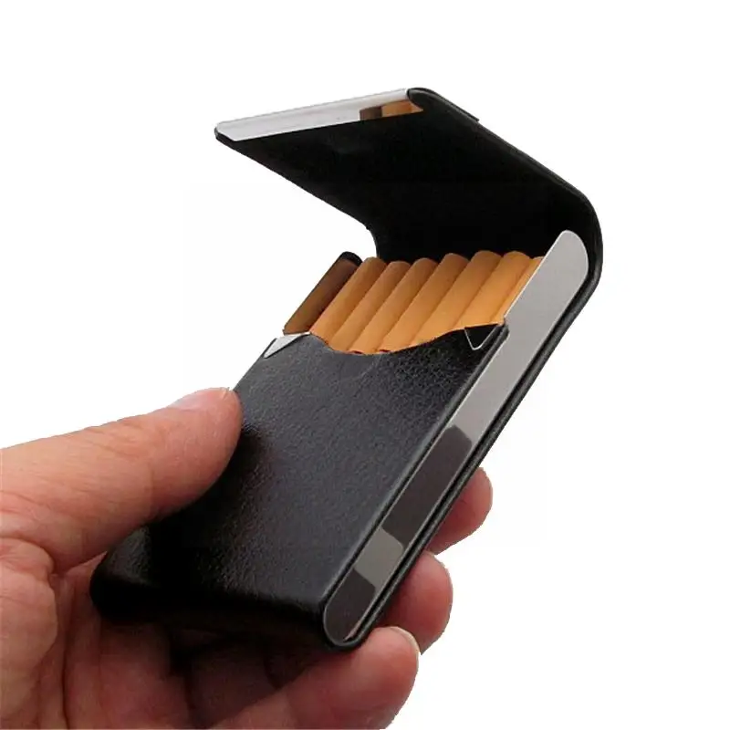 

Pu Leather Cigarettes Classical Metal Cigarette Steel Holder Tobacco Black Cigar Box Storage Box Brown 96*65*13mm L9t2