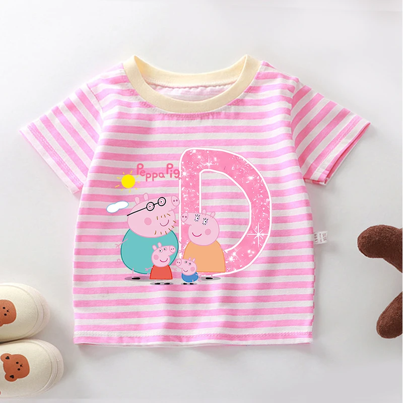 Фото Летняя полосатая футболка Peppa Pig для мальчиков и девочек, детская тонкая футболка с коротким рукавом, повседневная одежда №5