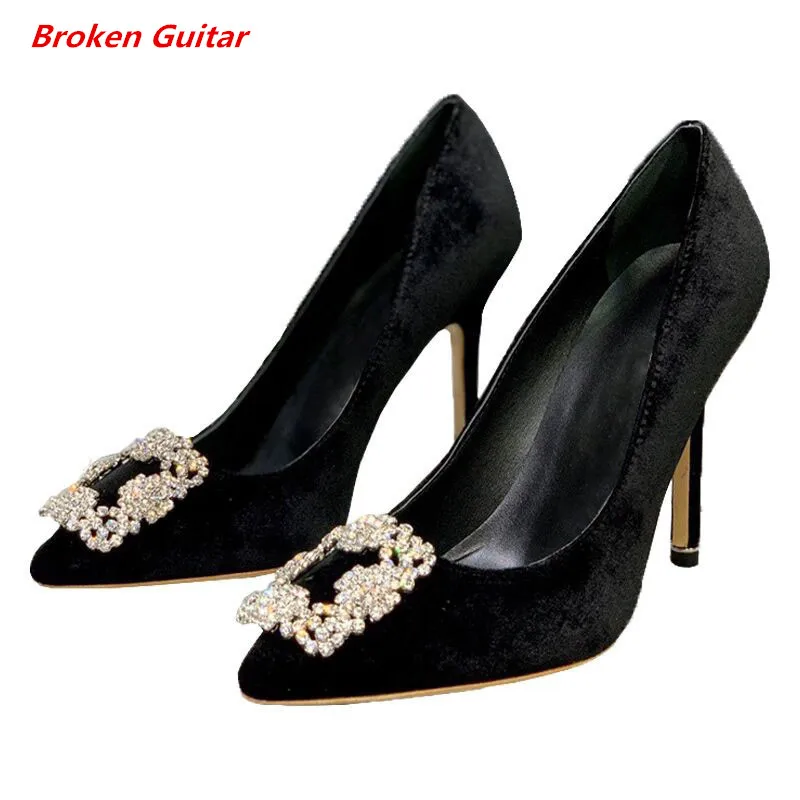 

Autumn New Velvet Leather High Heel Wedding Shoes Square Buckle Rhinestone Pointed Thin Heel Single Shoes Women