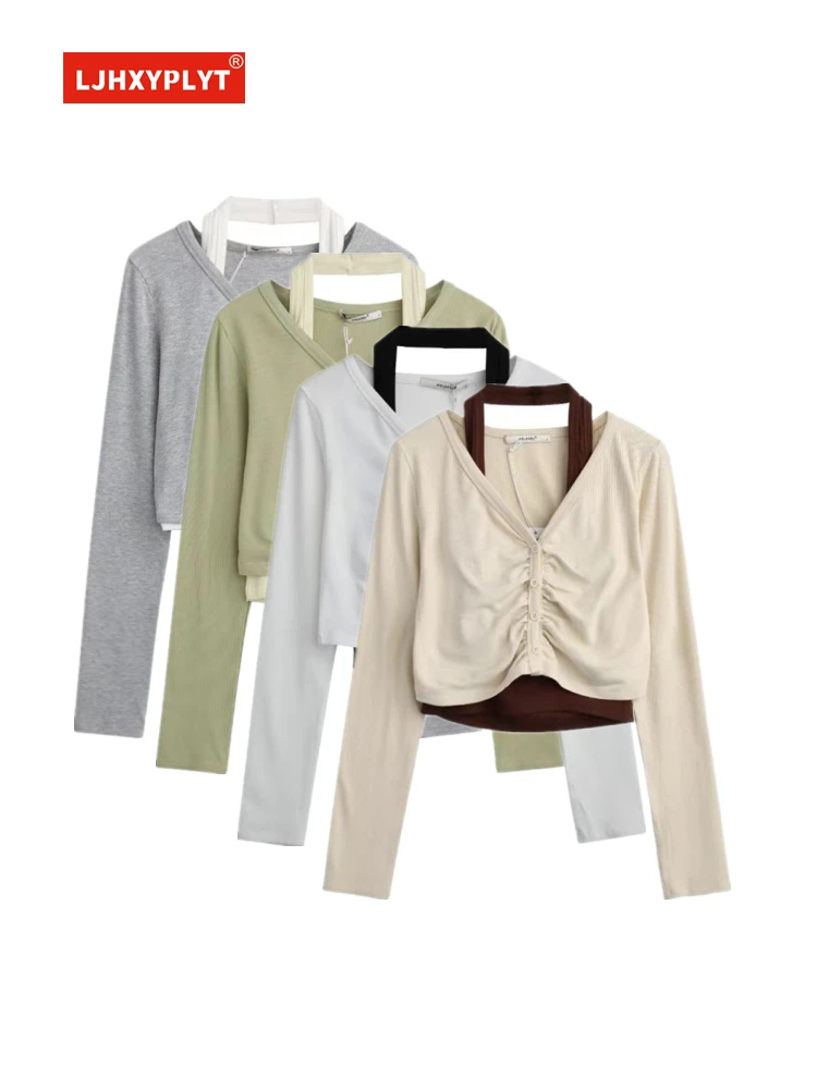 

Halter Vest Long-sleeved T-shirt Two-piece Women's Spring And Summer New Simple Style Pleated Short Slim Fit Top Set Female