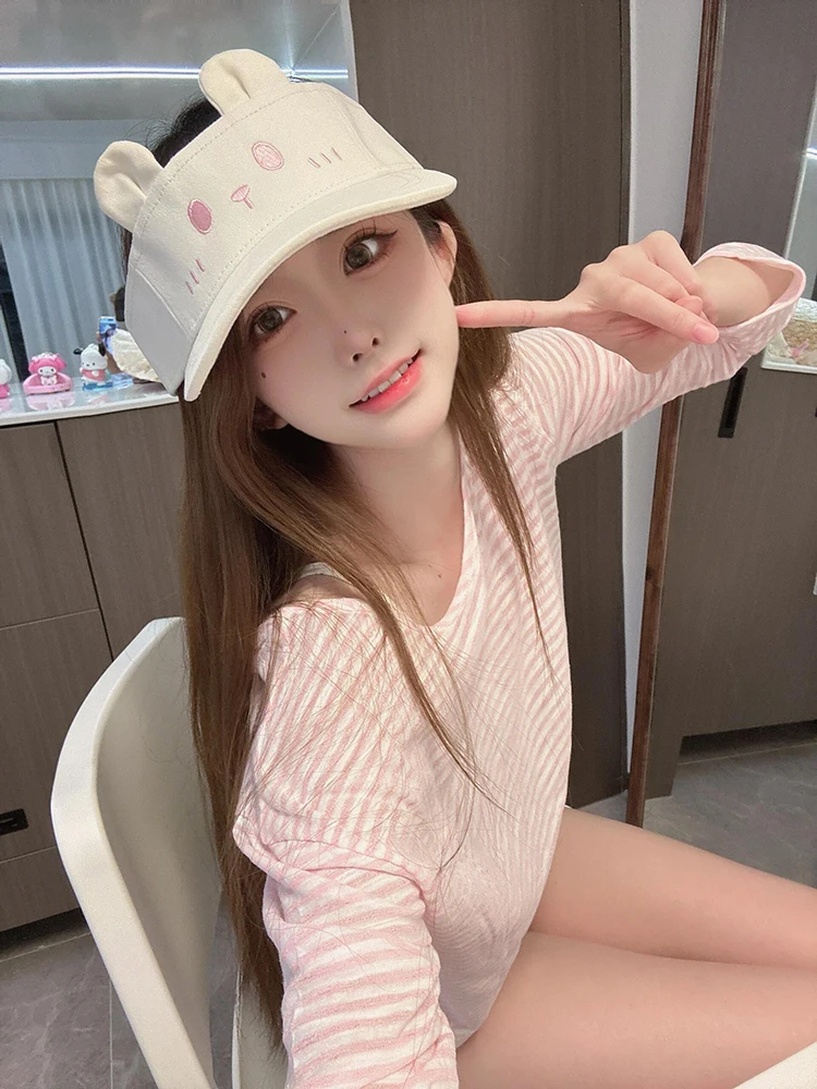 Plus Size Yljzz ~ Gentle Idle Sle Stripe Sloping Shoulder Long sleeve Sun Protection Cover up T-shirt Women Autumn Thin Casua...