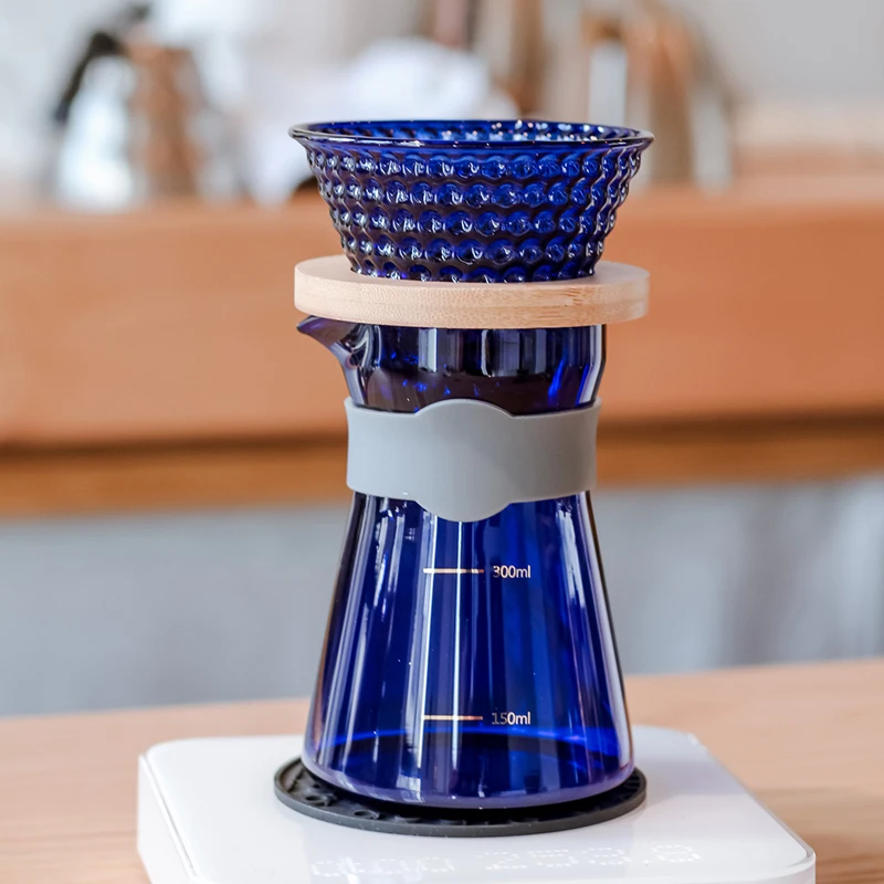 

JINYOUJIA-Handmade Heat Resistant Borosilicate Glass with Filter Cup, Hand Brewed Coffee Sharing Cloud Pot, Blue Scale, 300ml