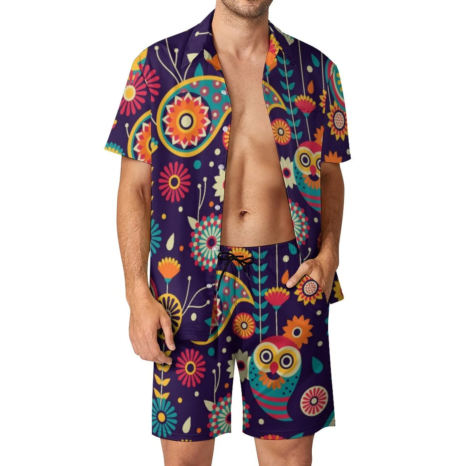 

Vibrant Owl Men Sets Retro Floral Print Casual Shorts Vacation Shirt Set Novelty Graphic Suit Short Sleeve Oversize Clothes