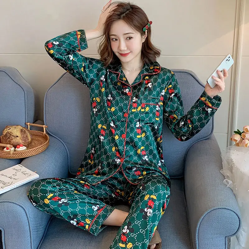 Fashion Women's Pajamas Set Simulated Silk Thin Long Sleeve Trousers Korean Fashion Autumn Cardigan Home Wear Plus Size Cheap