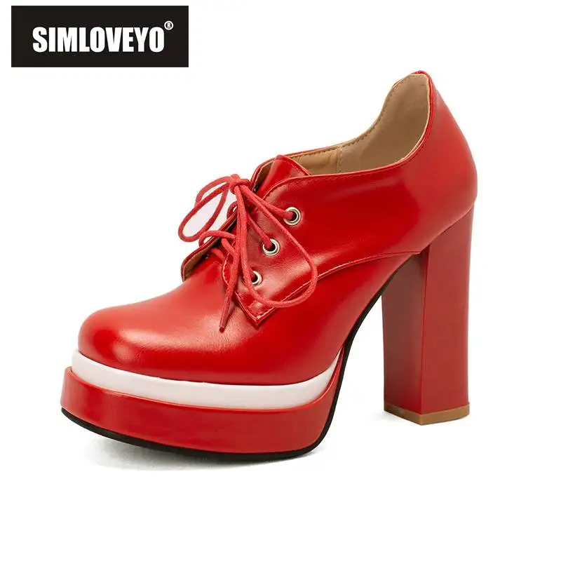 

SIMLOVEYO Ladies Deep Pumps Platform 3cm Square Toe Block Heels 11.5cm Lace-up Mixed Color Plus Size 34-43 Concise Dating S4186