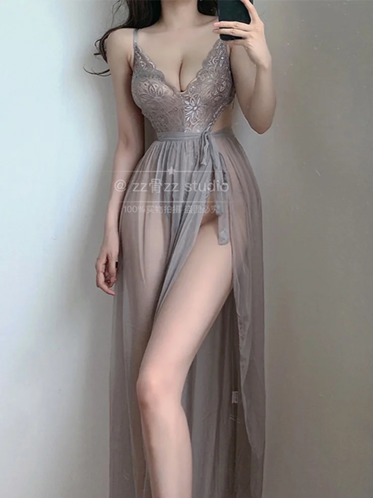 2023 New Exotic Super Sexy US Women V Neck Lace Transparent Mesh Strap Backless Maxi Dress Long Robe Korean Girl SWeet Japan 5A