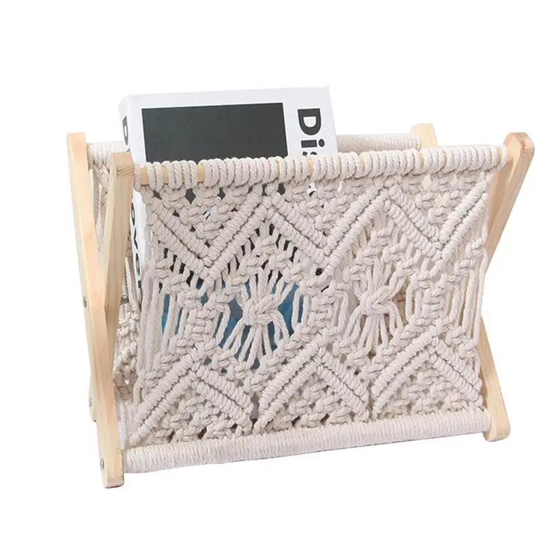 

Storage Shelf Book Stand Desktop Macrame Cotton Rope File Book Holder Office Desk Storage Book Organizer