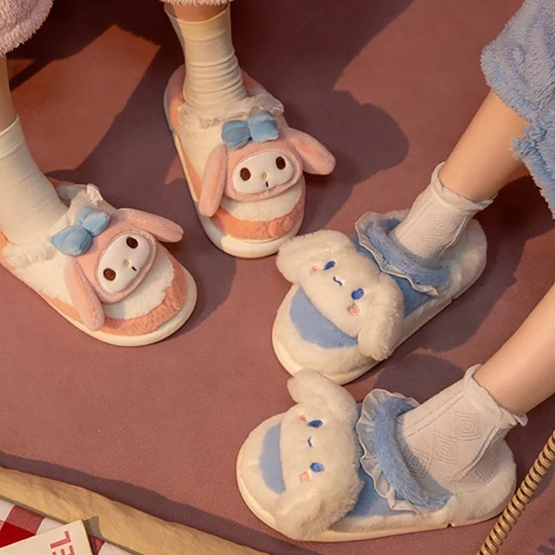 Sanrio Kuromi My Melody Kawaii домашние пушистые тапочки Мультяшные Cinnamoroll Yk2 женские зимние