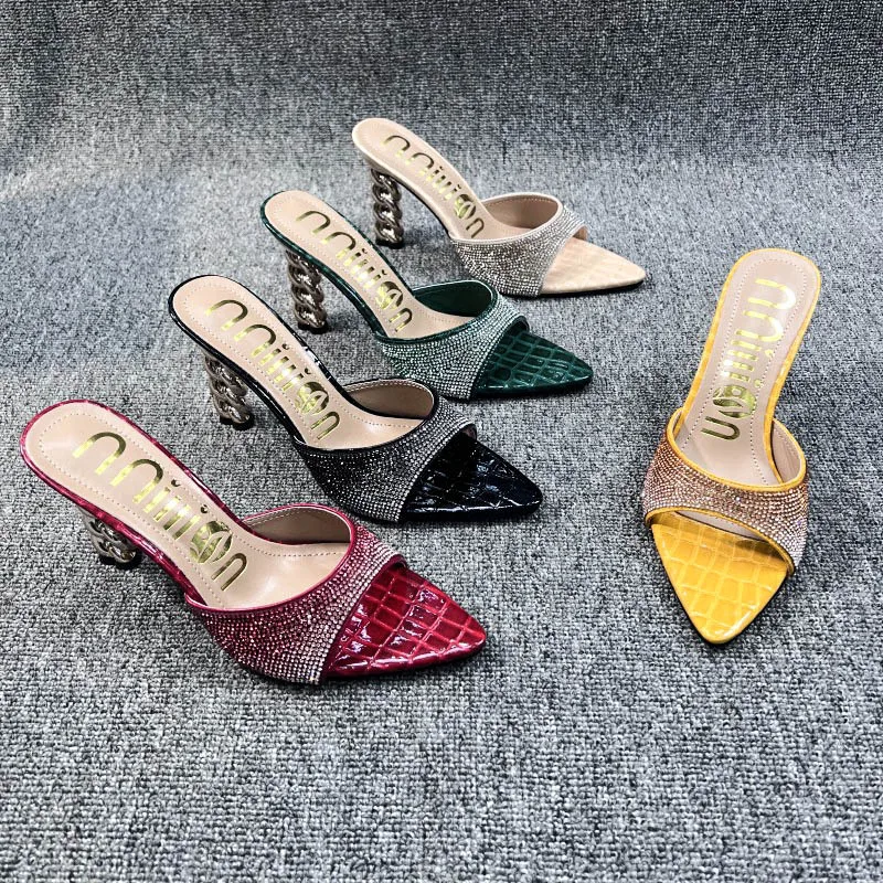 2023 Summer New Women's Slippers Sexy Luxury Pointed Rhinestone Colored High Heel Slippers Wedding Bridal Party Large Size Shoes
