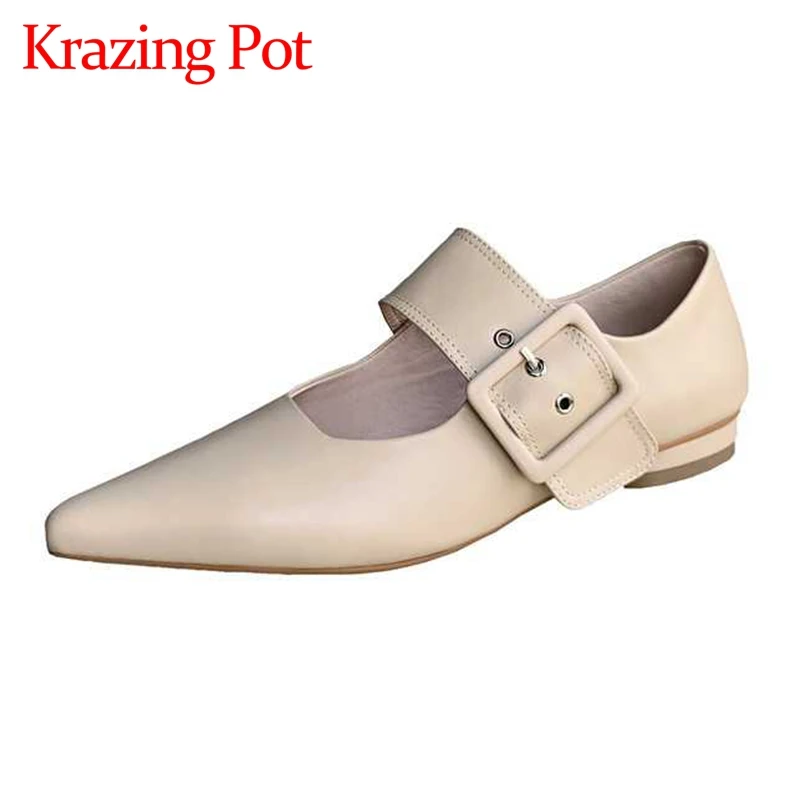 

Krazing pot natural leather pointed toe low heel buckle decorations three colors young lady daily wear fashion women pumps L07