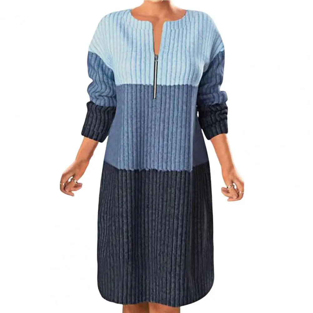 

Women Sweater Dress Contrast Color Loose Long Sleeve O-Neck Streetwear Autumn Winter Coldproof Knitting Pullover Dress