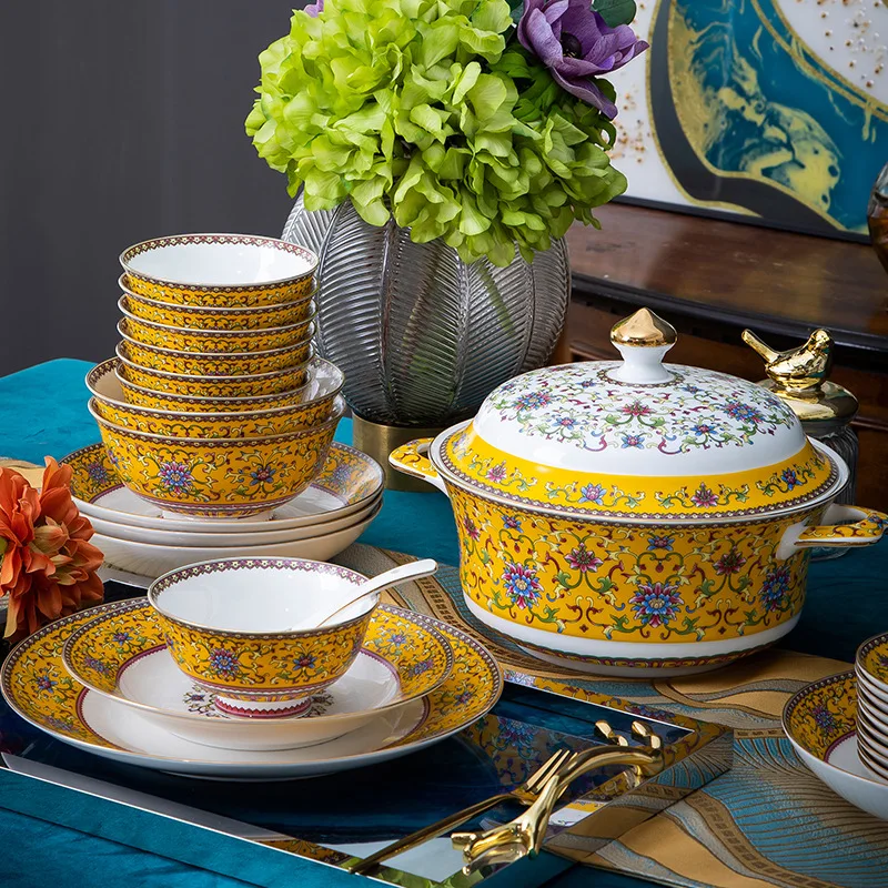 Jingdezhen ceramic ware 56 high-grade imperial yellow enamel tableware Chinese hand-painted Phnom Penh bowl and Dish Set