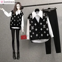 2022 spring new v neck long sleeve elegant women suit slim casual shirt knitted vest pants three piece set outfits