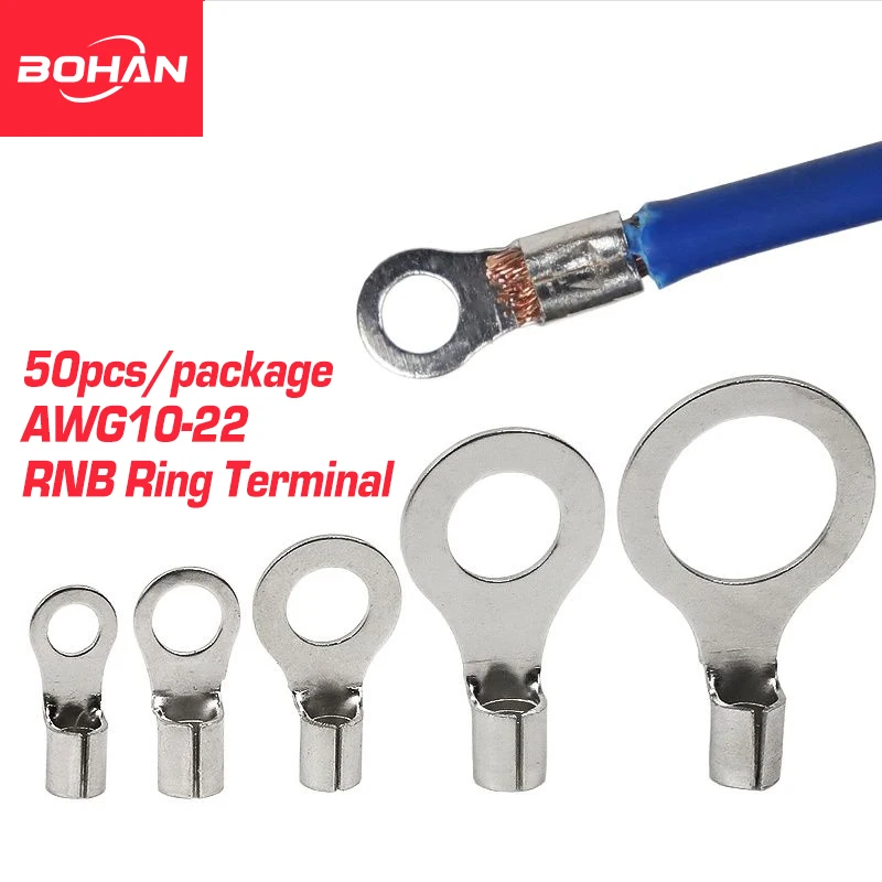 

50Pcs Ring Bare Cord End Crimp Terminals Electrical Naked Wire Cable Connector OT RNB 1.25 /2 Ferrules 0.5-2.5mm2 22-10AWG