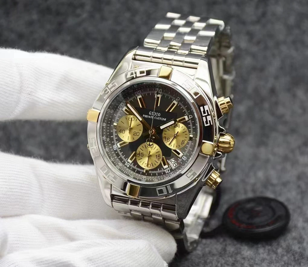 

Mens Quartz Chronograph Watch Black Leather Gold Blue White
