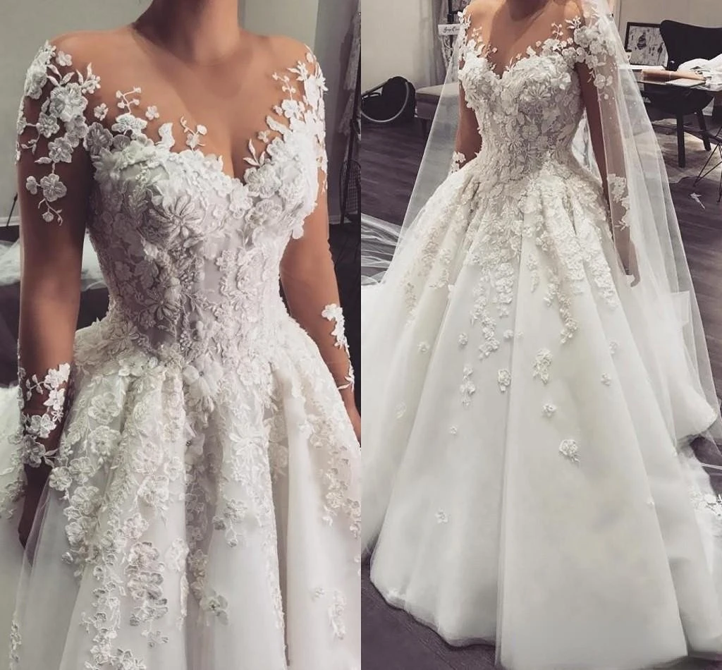 

Arabic A Line Wedding Dresses Sheer Jewel Neck Long Sleeves Lace Appliques 3D Flowers Beaded Court Train Tulle Bridal Gowns