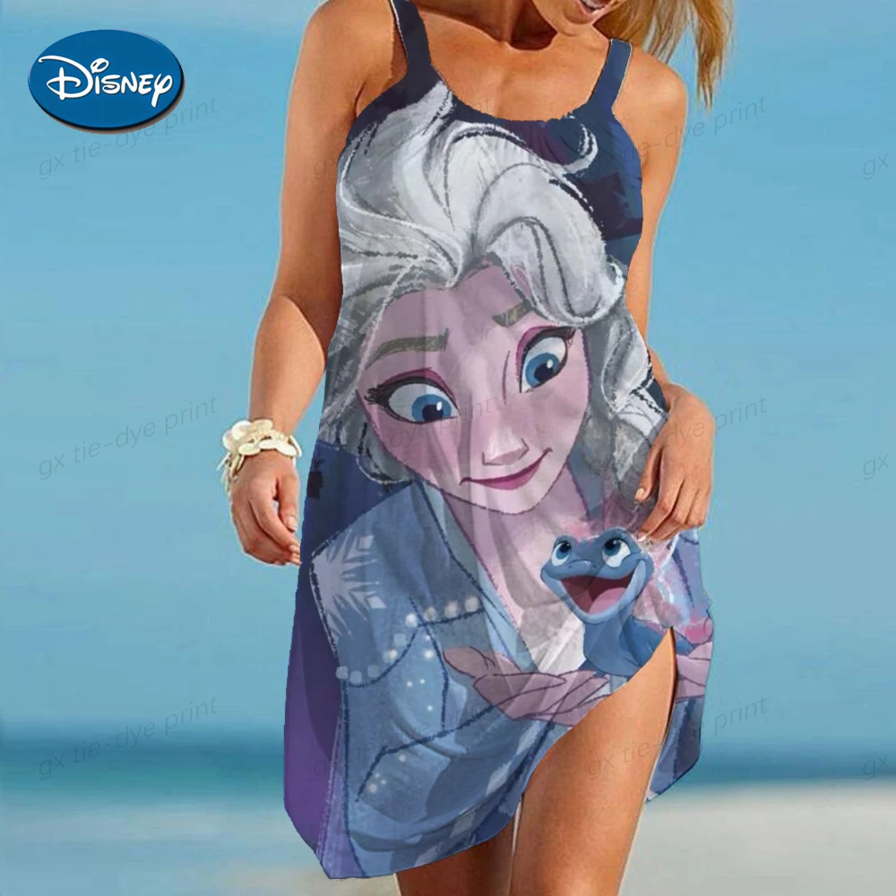 Disney O-neck Women's 2023 Summer Dress Frozen Elsa Dress Women's Elegant Evening Dress Sexy Women's Beach Dress