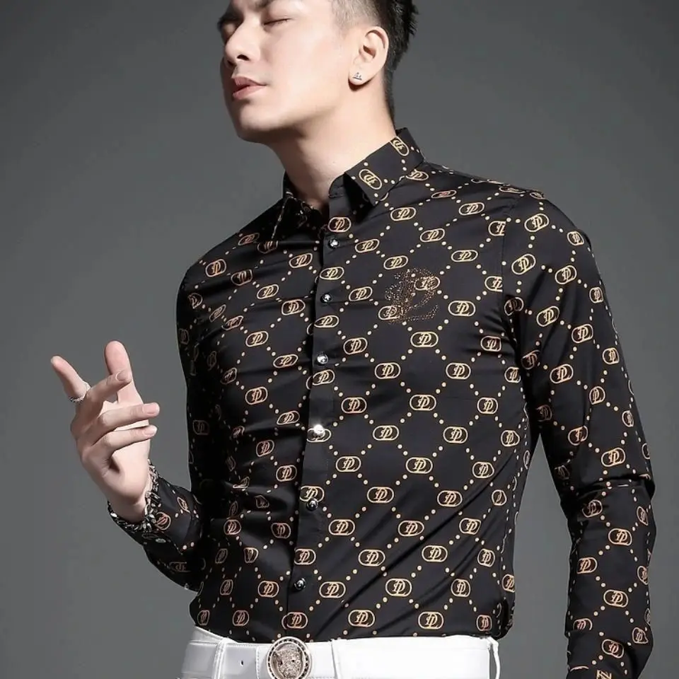 Men's Long Sleeve Shirt Spring Summer Casual Personalized Shirt Trend Slim Advanced Lattice New Men's Clothing
