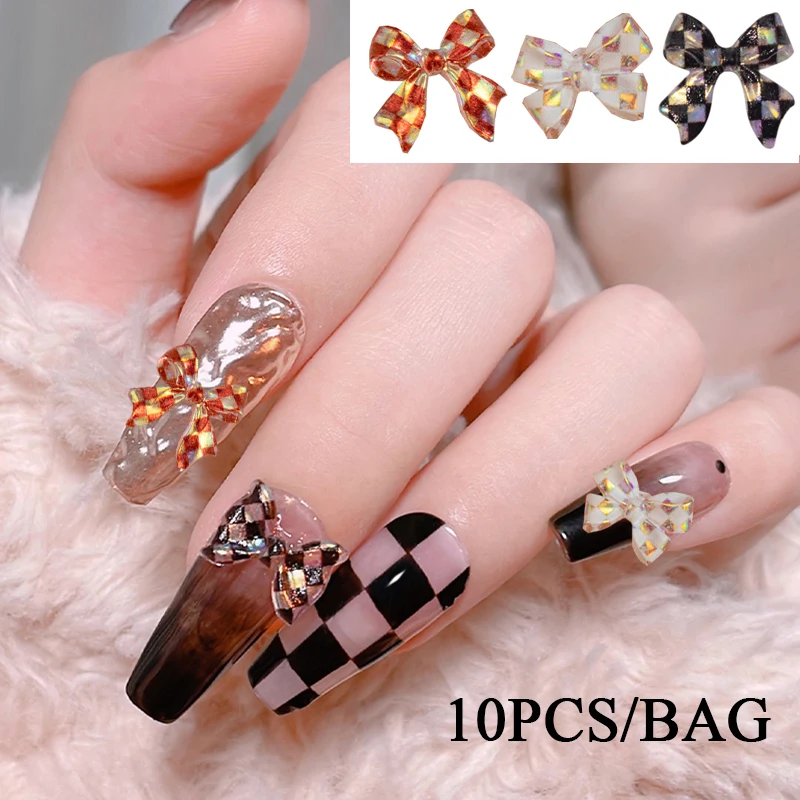 

10PCS Chess Ribbon Butterfly Design Nail Charms Bows Nail Art Decorations 3D Checkerboard Crystal Nails Jewelry for Manicure
