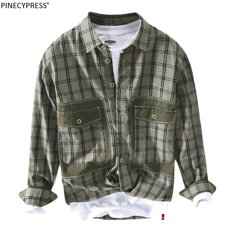 

100% Cotton Spring Autumn Man Casual Shirt Plaid Single Breasted Male Green Clothing Turn Down Collar Long Sleeve Men Shirt