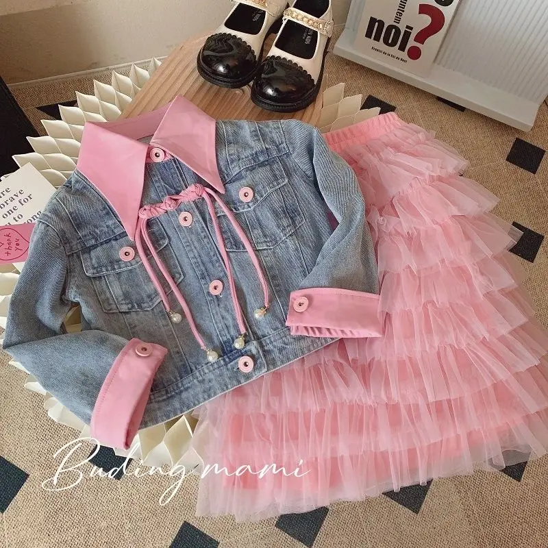 

Модный осенний комплект для маленьких девочек, новинка, детская джинсовая куртка для малышей и ясельного возраста + юбка для торта, костюм из 2 предметов, розовое платье-пачка, детская одежда