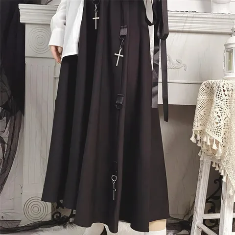 Gothic Women Cargo Long Skirt 4xl Loose Harajuku Streetwear Midi Long Dark Black Punk Vintage High Waist Hip Hop A Line Skirts