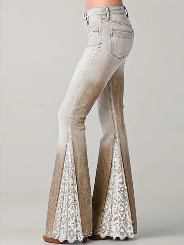 

lace panel ruffled jeans flared pants