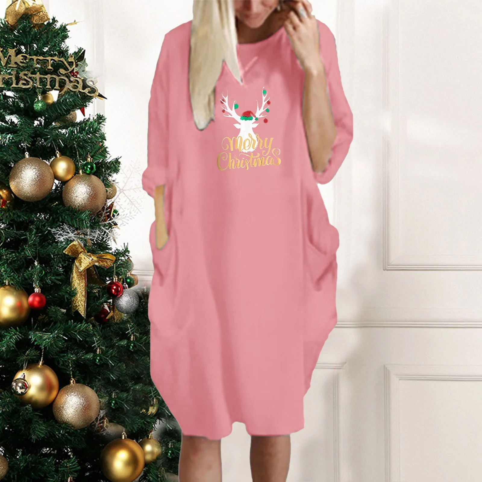 

Christmas Graphic Print Long Sleeve Casual Tunic Soft Elastic Dress With Pocket For Women Petite Dresses for Women Denim Dresses