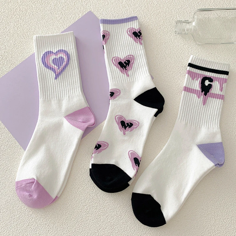 1Pair Women Cotton Socks Purple Heart Print Middle Tube Sock American Hip Hop Socks Street Wear Skateboard Socks Sports Sock
