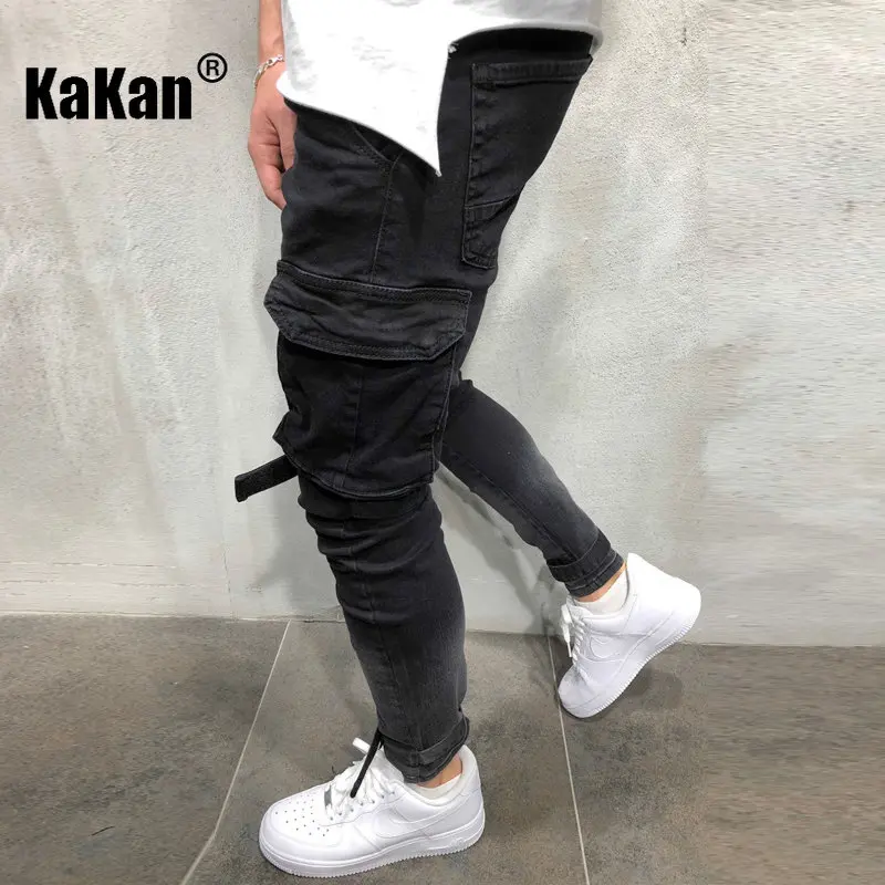 Kakan - New European and American Large Pocket Casual Strap Small Foot Jeans for Men, Black Slim Fit Long Jeans K49-105