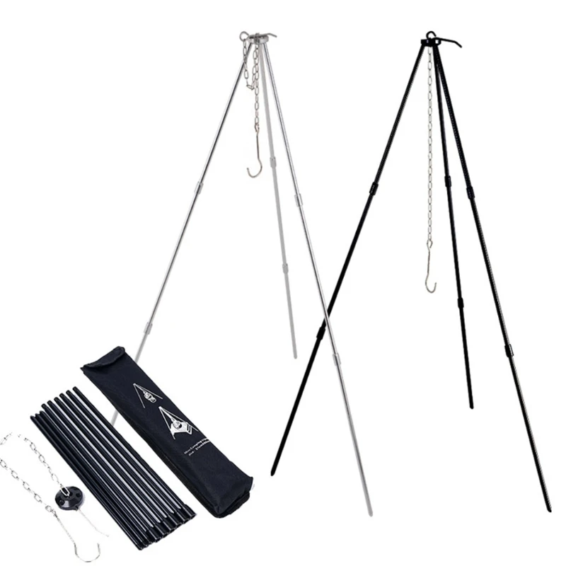 

Portable Outdoor Picnic Camping Bonfire Tripod for TRIANGLE Support Cookware Stainless Steel Hanging Hook Cooking Pot Frame Tool