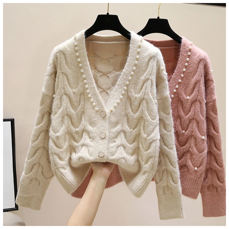 

Sweet Pearl Knitted Cardigan Sweaters Elegant Thick Women Loose Casual Sweater Coat Cute V Neck Single Breasted Jacket