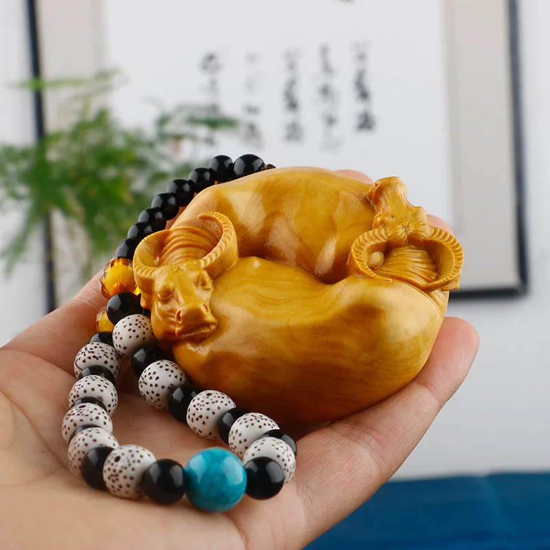 

1.9 Inch Zodiac Buffalo Pendant Hand Carved Boxwood Figurine Carving Lucky OX Animal Netsuke Feng Shui Sculpture - #JM177