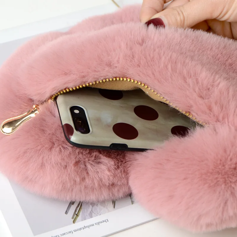 Fashion Women's Heart Shaped Handbags Cute Kawaii Faux Fur Crossbody Bags Wallet Purse Plush Chain Shoulder Bag Lady Handbag images - 6