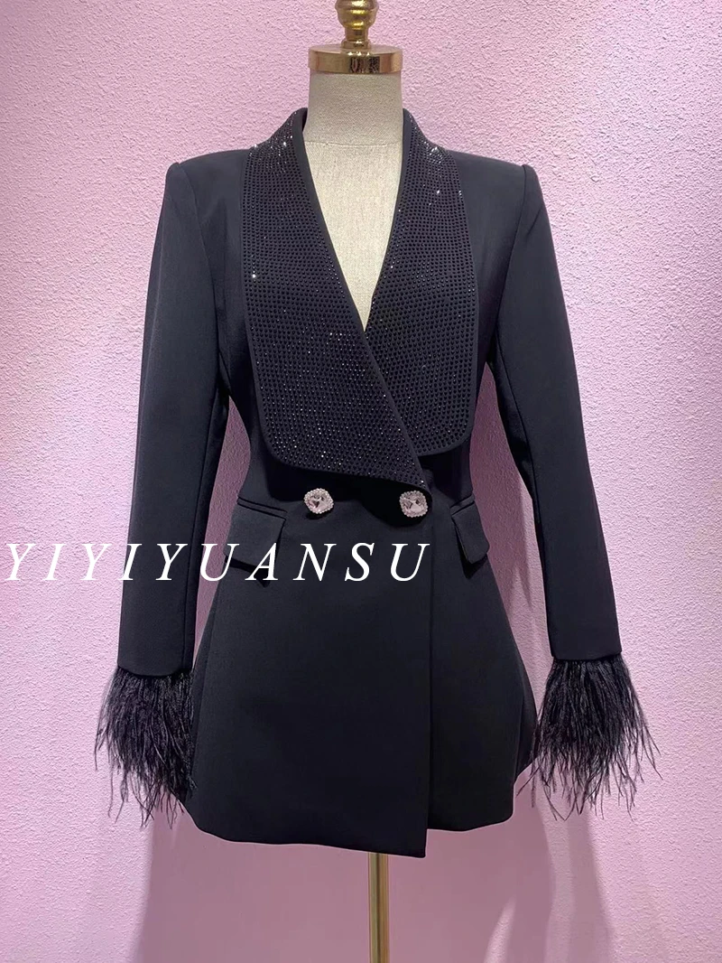 High-End Custom Lapel Rhinestone Slim Fit Slim Waist Feather Drill Buckle Suit Coat Women 2023 Spring New White Blazer Jacket
