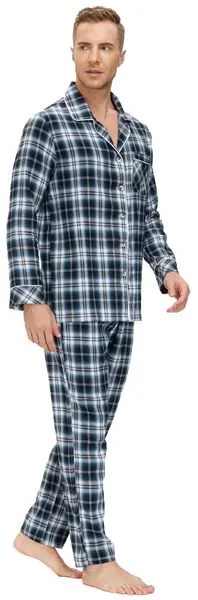 Mens Long Pajama Set Plaid Plaid Sleepwear Cotton Button Down PJ Set 56 M-2XL