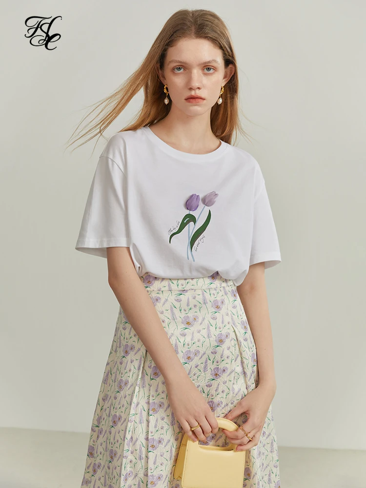 

FSLE 2022 Summer New Cotton Short Sleeve Women's T-shirt Свободный Трехмерный тюльпан Печать Простой Комфортный Female Tees